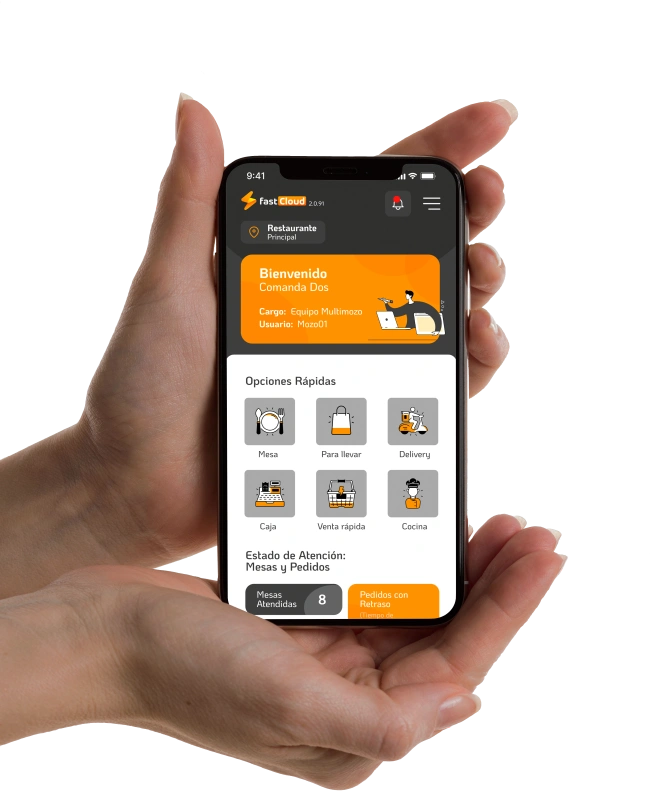 Aplicación de Fast Cloud mostrada en un teléfono móvil para control remoto de negocios